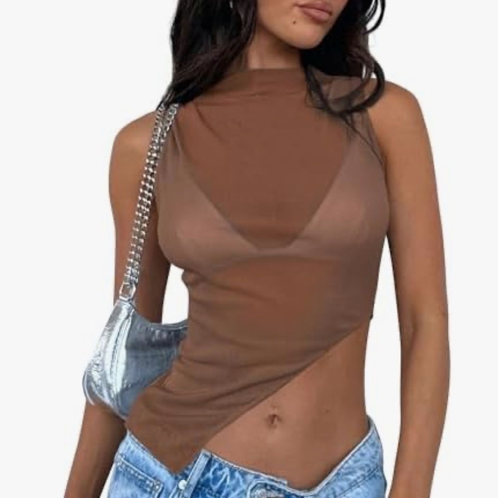 Sheer Mesh Asymmetrical Mock Neck Tank Top Crop Tol | medium | BRAND NEW